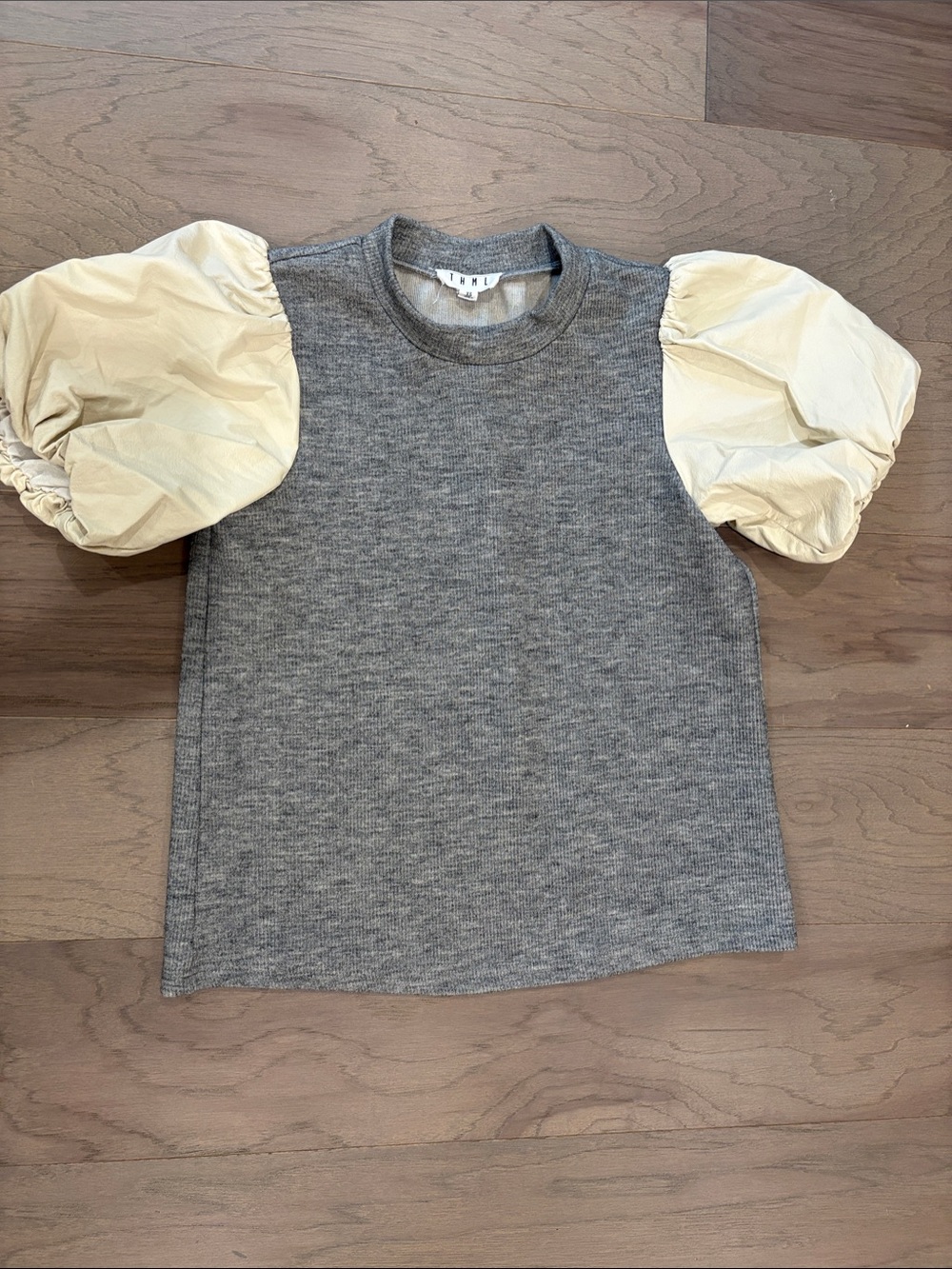 THML Gray Knit Top with Leather Cream Puff Sleeves